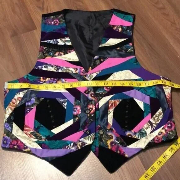 Vintage 80s Patchwork Quilted Wearable Art Vest Velvet - Picture 7 of 16